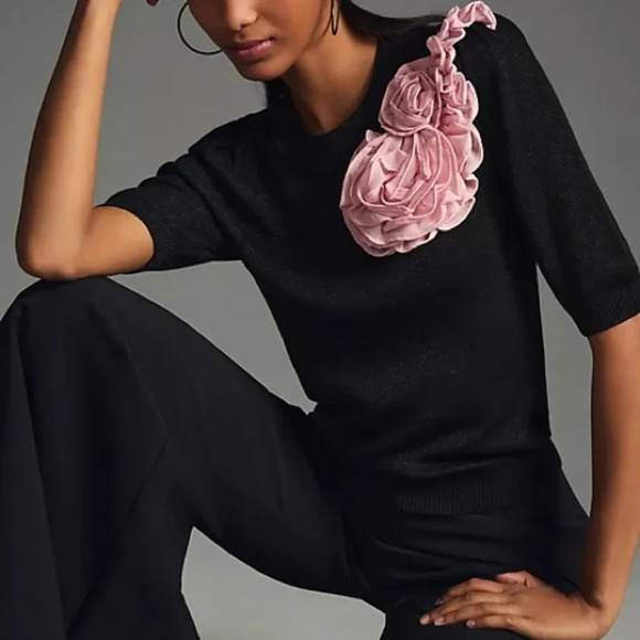 Anthropologie Maeve  Black  Floral Applique Sweater - Picture 3 of 7